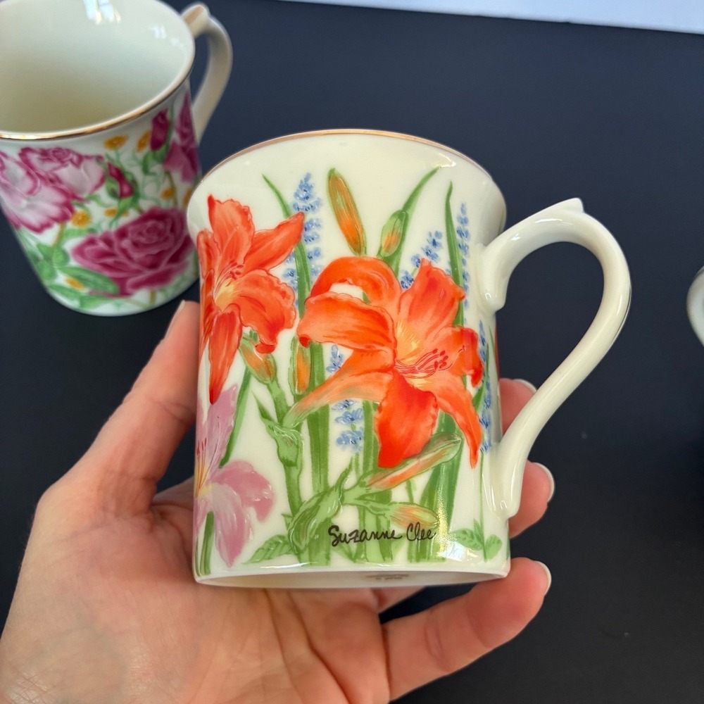 Lenox Mug Set 3pc Flower Blossom Fine Porcelain Gold Trim 1995 Cottage Tea Party - Picture 3 of 11